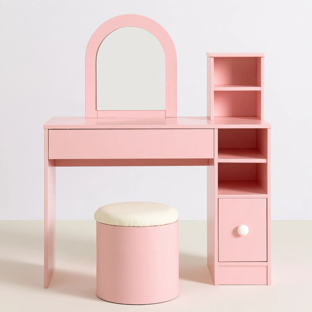 Coiffeuse avec siège en bois, coloris rose