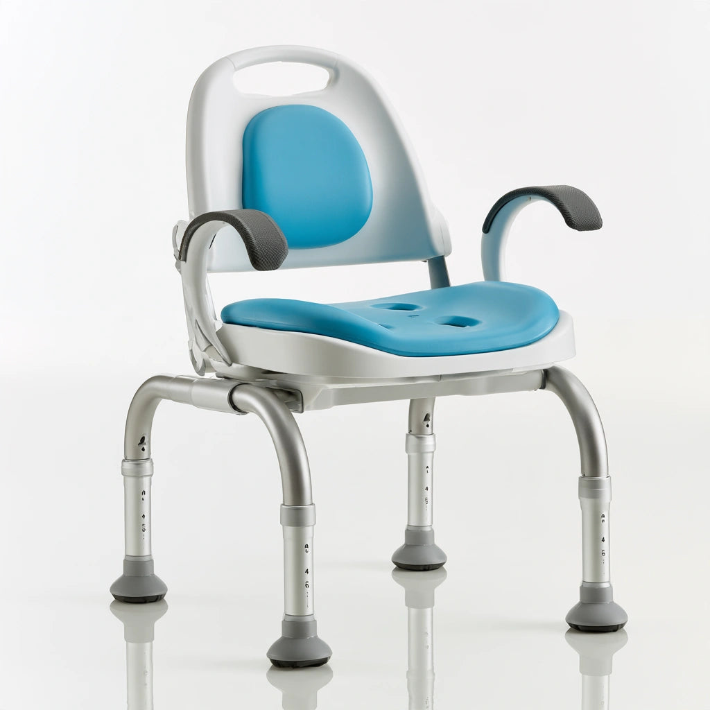 Chaise de douche réglable avec dossier aux lignes épurées, coloris bleu et blanc et gris