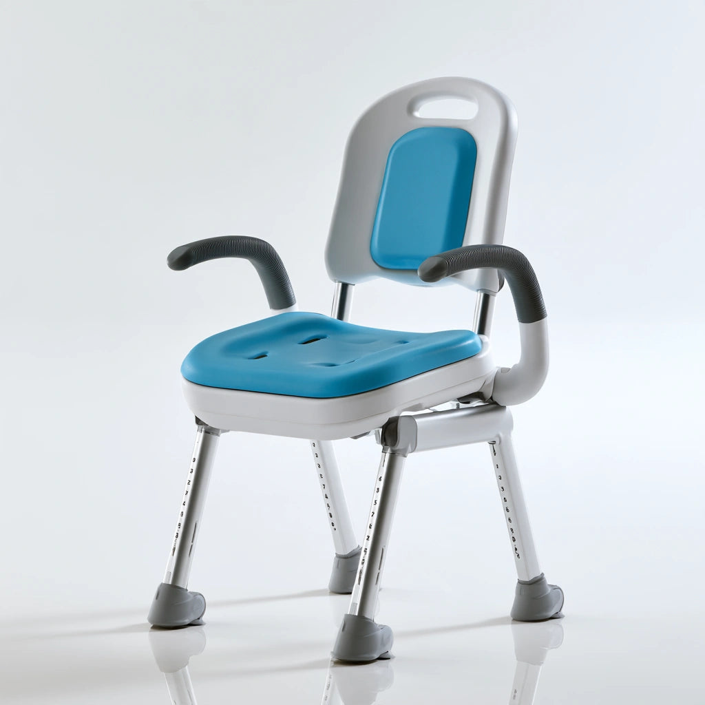 Chaise de douche réglable avec dossier aux lignes épurées, coloris bleu et blanc et gris