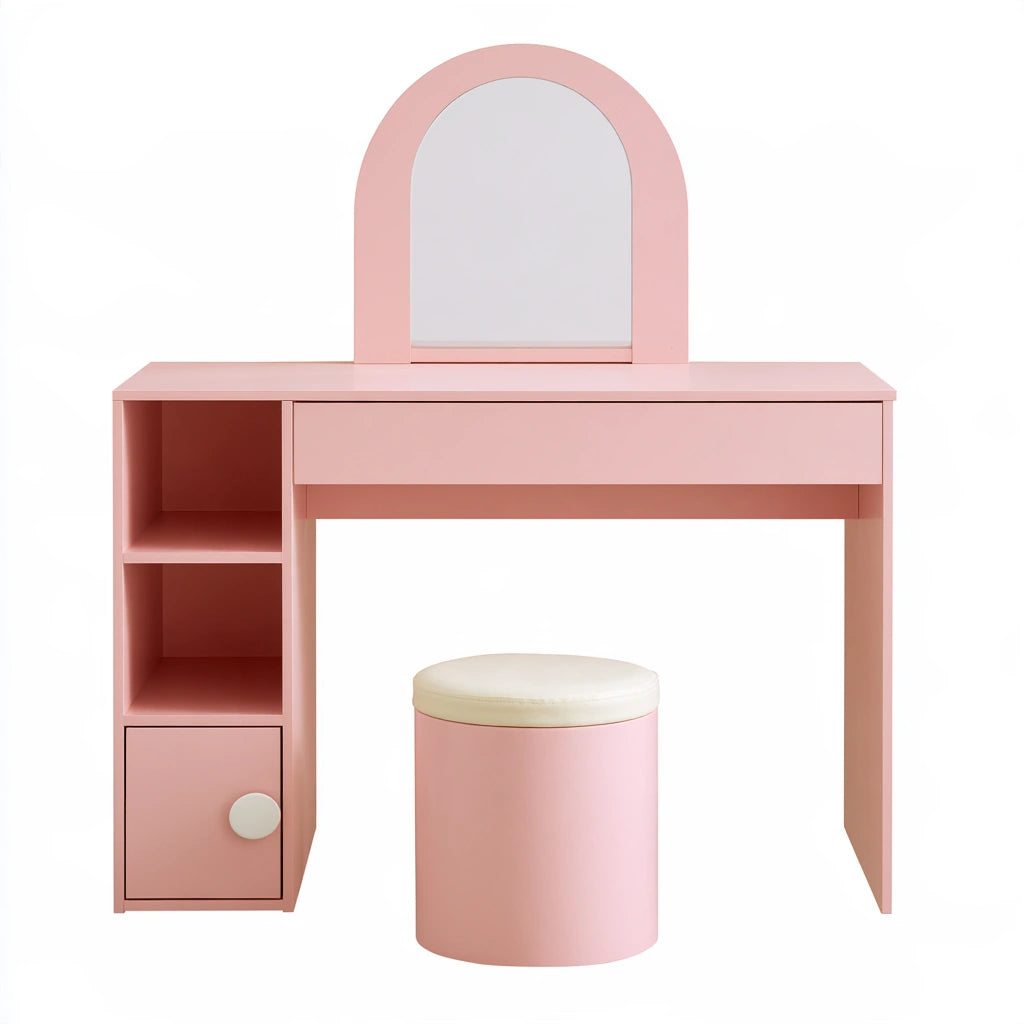Coiffeuse avec siège en bois, coloris rose