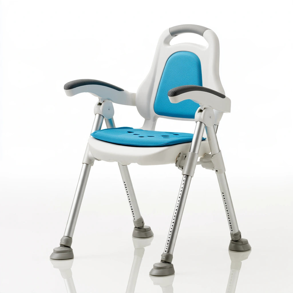 Chaise de douche réglable avec dossier aux lignes épurées, coloris bleu et blanc et gris