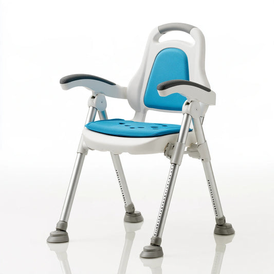 Chaise de douche réglable avec dossier aux lignes épurées, coloris bleu et blanc et gris