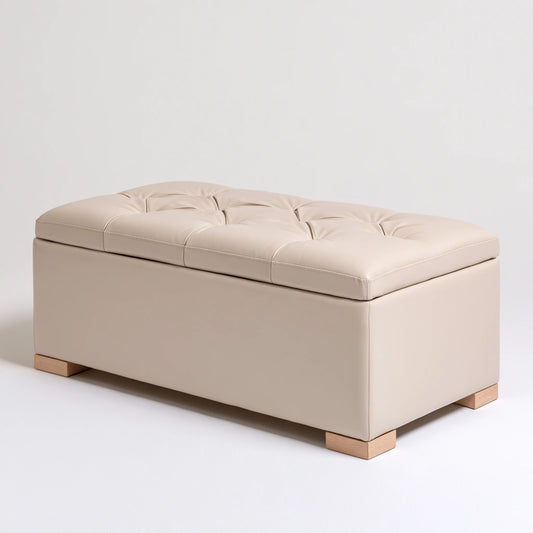 Banc coffre rembourré en cuir, coloris beige clair
