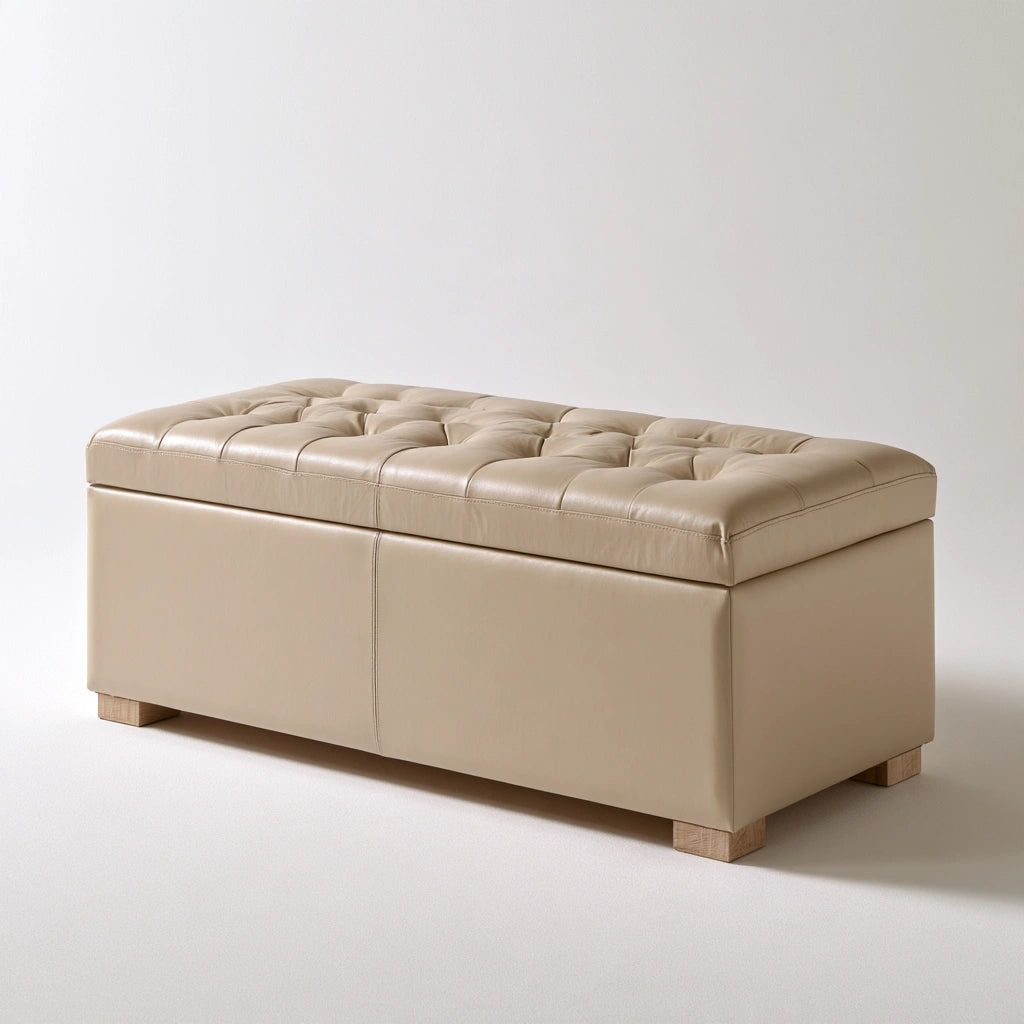 Banc coffre rembourré en cuir, coloris beige clair