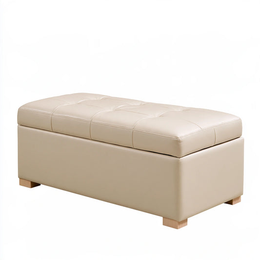 Banc coffre rembourré en cuir, coloris beige clair